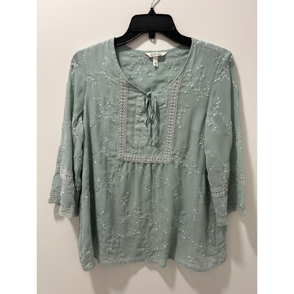 Krazy‎ Kat Womens Sage Green Embroidered Lace Trim Peasant Blouse Small Boho Top